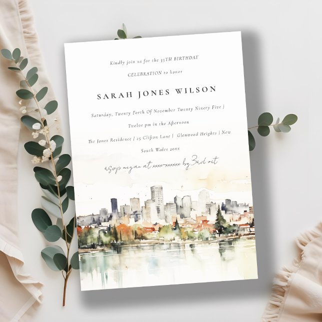 Invitation Portland Oregon Ville Paysage Aquarelle Anniversai (Créateur téléchargé)