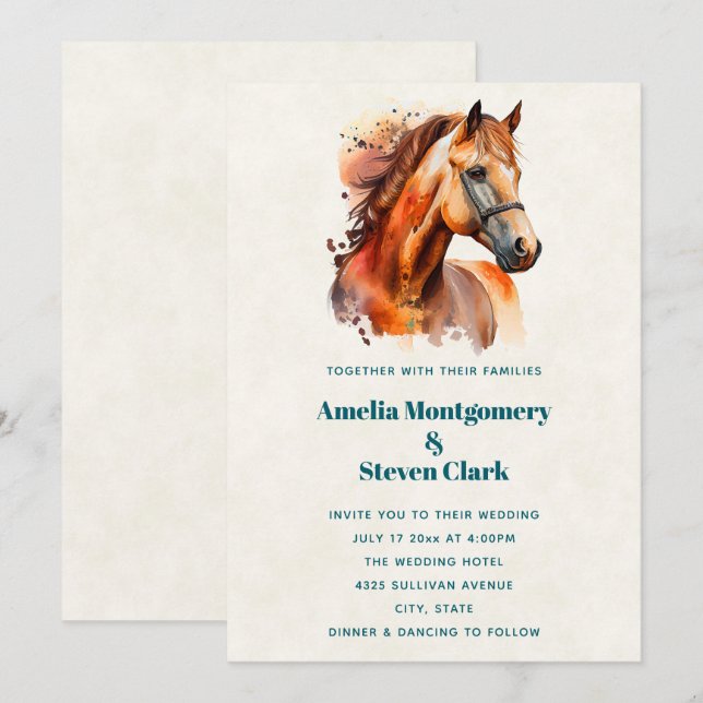 Invitation Portrait de beau cheval alezan pour mariage (Devant / Derrière)