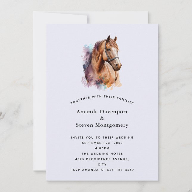 Invitation Portrait de cheval brun à l'aquarelle pour mariage (Devant)