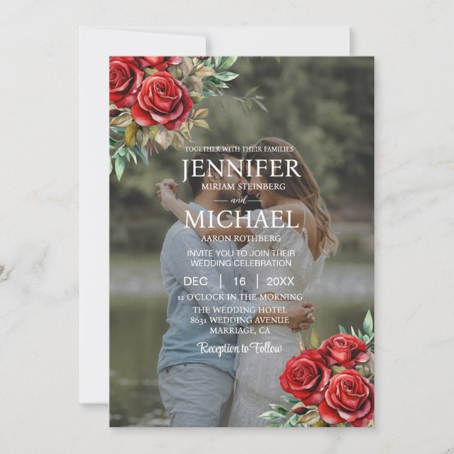 Invitation Portrait de mariage aux roses QR superposées (Devant)