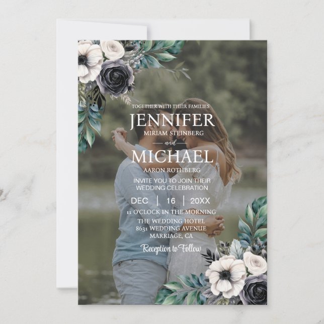 Invitation Portrait de mariage photo superposé QR B&W (Devant)