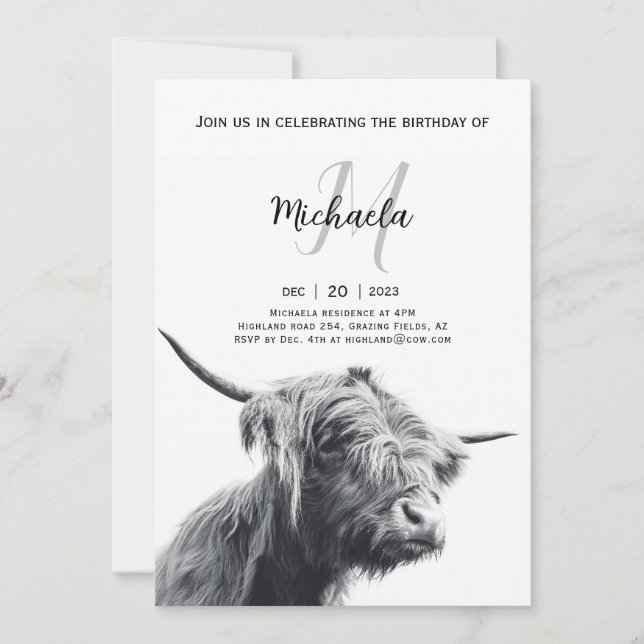 Invitation Portrait de vache Highland premier monogramme noir (Devant)