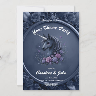 Invitation Portrait Unicorne foncé dans un cadre rond