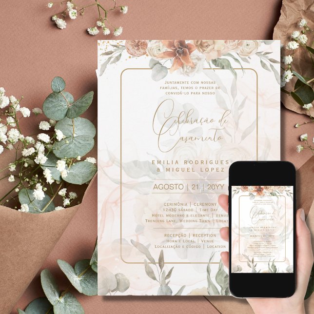 Invitation Portugeuse | Casamento Boho Capim dos Pampas (Créateur téléchargé)