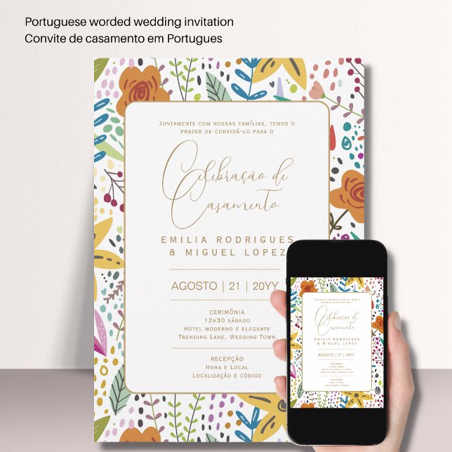 Invitation Portugeuse | Casamento Floral Folkart Rústico Inv (Créateur téléchargé)