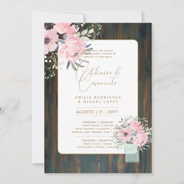 Invitation Portugeuse | Casamento Flores Folclóricas Rústica (Devant)