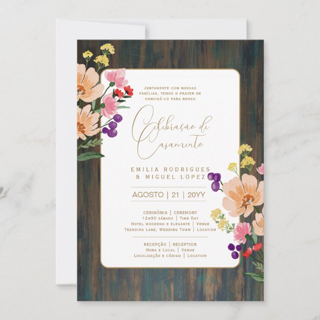 Invitation Portugeuse | Casamento Flores Folclóricas Rústica (Devant)
