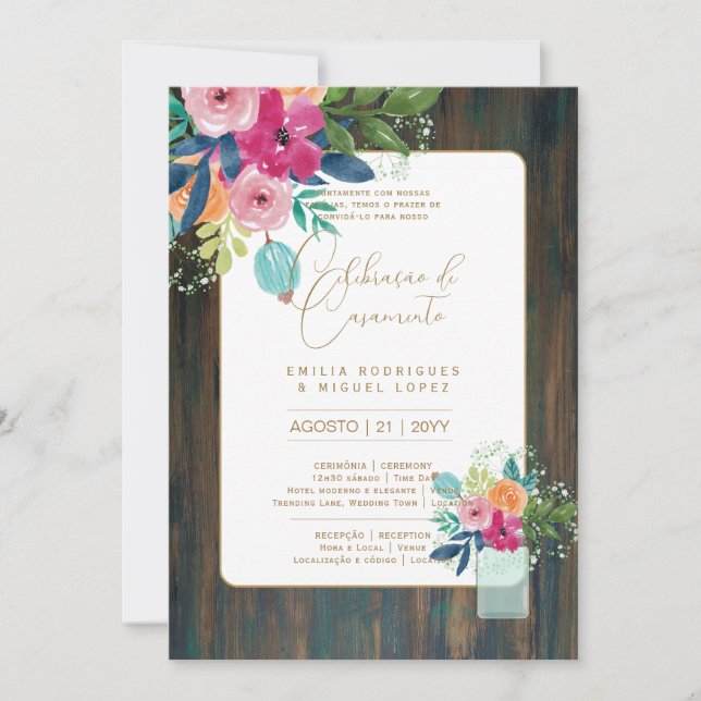 Invitation Portugeuse | Casamento Flores Folclóricas Rústica (Devant)