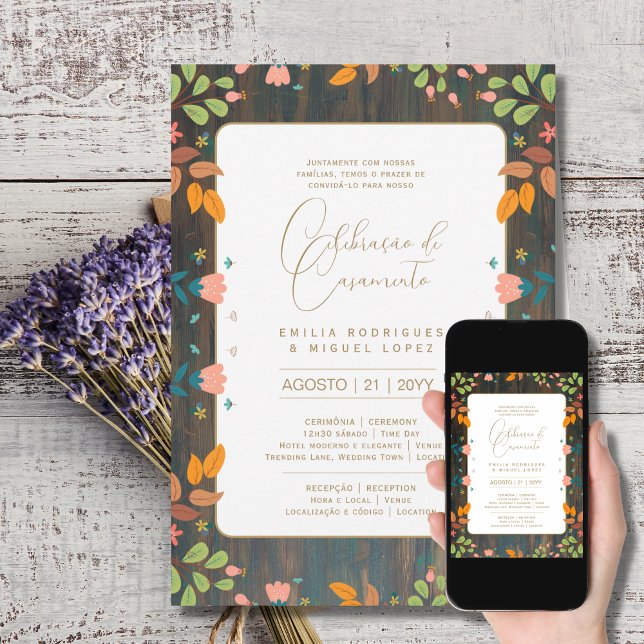 Invitation Portugeuse | Casamento Flores Folclóricas Rústica (Créateur téléchargé)
