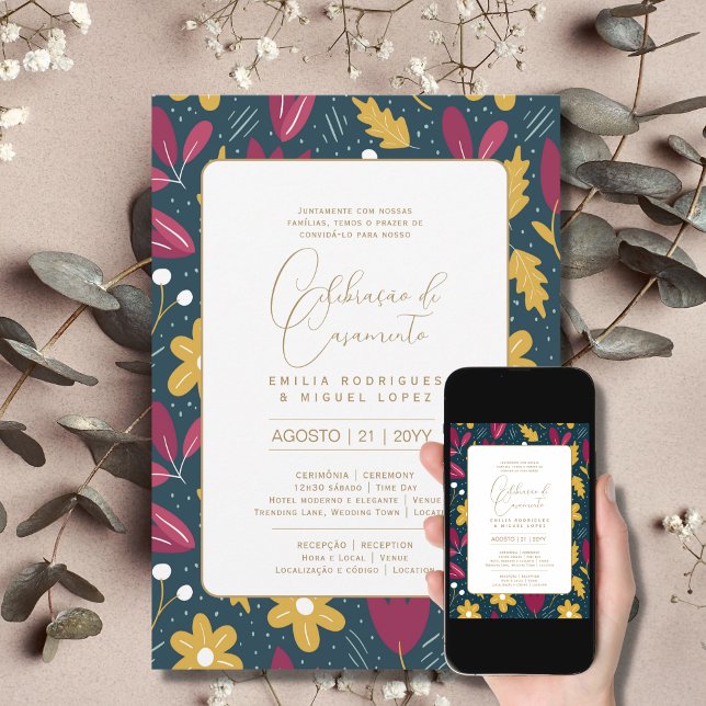 Invitation Portugeuse | Casamento Flores Folclóricas Rústica (Créateur téléchargé)