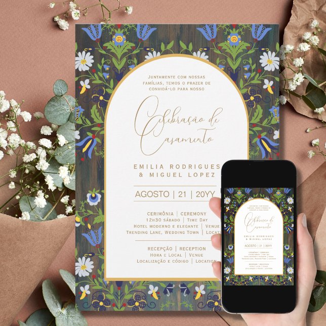 Invitation Portugeuse | Casamento Flores Folclóricas Rústica (Créateur téléchargé)