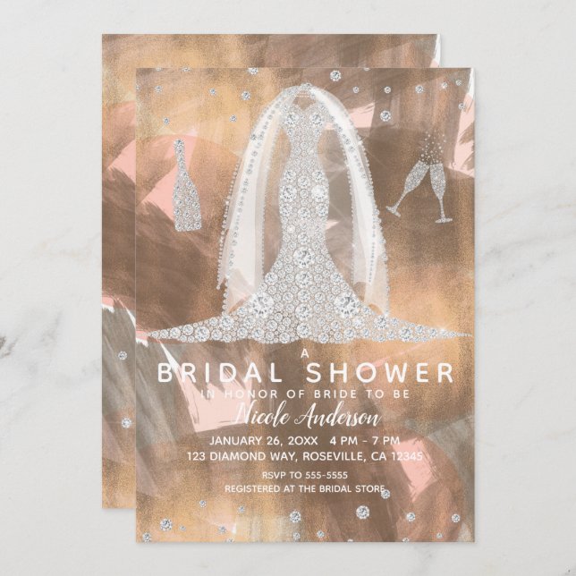 Invitation Poser Bronze Diamond Mariage robe Fête des mariées (Devant / Derrière)