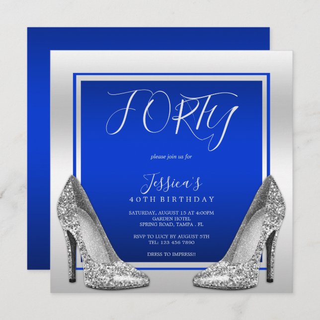 Invitation Posh Blue & Silver Stilettos 40e anniversaire (Devant / Derrière)