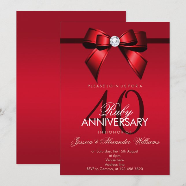 Invitation Posh Gem Bow & Ruban 40e Anniversaire de Mariage (Devant / Derrière)