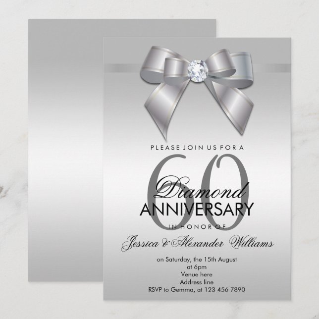 Invitation Posh Gem Bow & Ruban 60e Anniversaire de Mariage (Devant / Derrière)