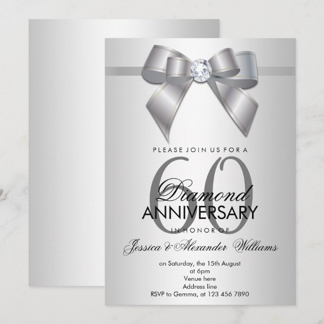 Invitation Posh Gem Bow & Ruban 60e Anniversaire de Mariage (Devant / Derrière)