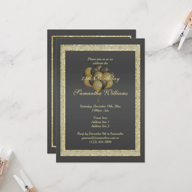 Invitation Posh Gold & Black, Parties scintillant & Ballons A (Devant/Arrière en situation)