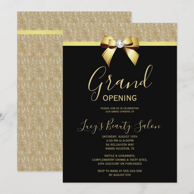 Invitation Posh Gold Jewel Bow Grand Ouverture (Devant / Derrière)