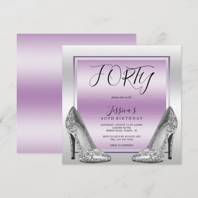Invitation Posh Lilac & Silver Stilettos 40e anniversaire (Devant / Derrière)