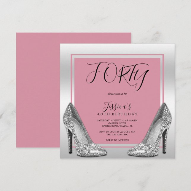 Invitation Posh Pink & Silver Stilettos 40th Birthday (Devant / Derrière)