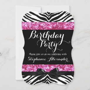 Invitation Posh Pink Sparkle Zebra Girl'anniversaire