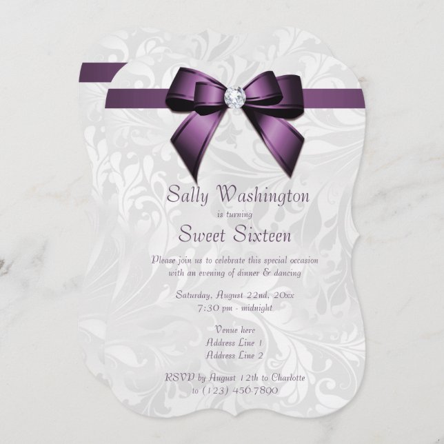 Invitation Posh Purple Diamond Bow & Damask Sweet 16 (Devant / Derrière)