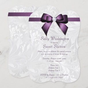 Invitation Posh Purple Diamond Bow & Damask Sweet 16
