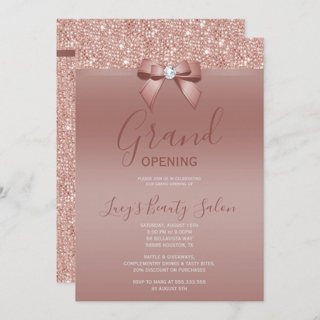Invitation Posh Rose Gold Jewel Bow Grand Ouverture (Devant / Derrière)