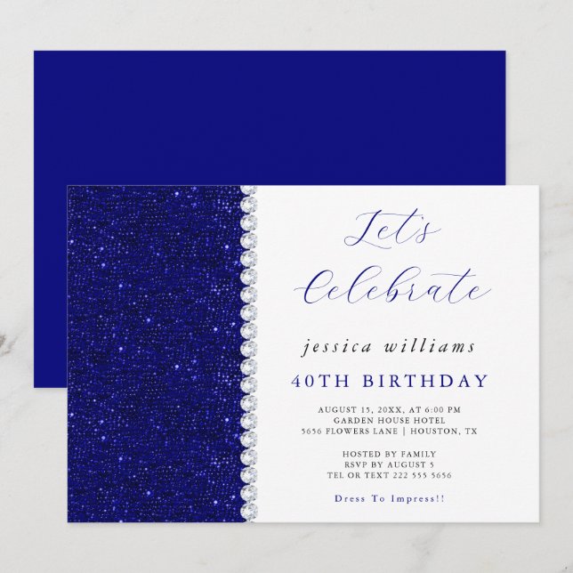 Invitation Posh Sequins & Diamants Fête d'anniversaire Navy  (Devant / Derrière)
