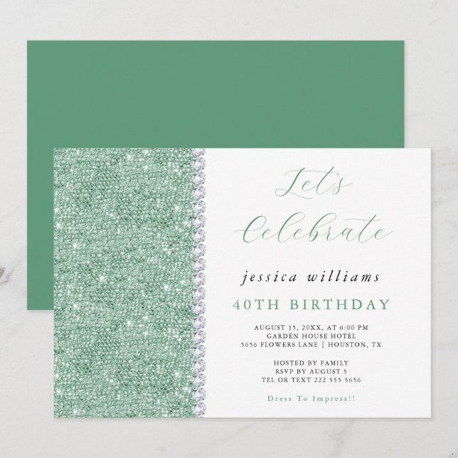 Invitation Posh Sequins & Diamants Vert Menthe Anniversaire  (Devant / Derrière)