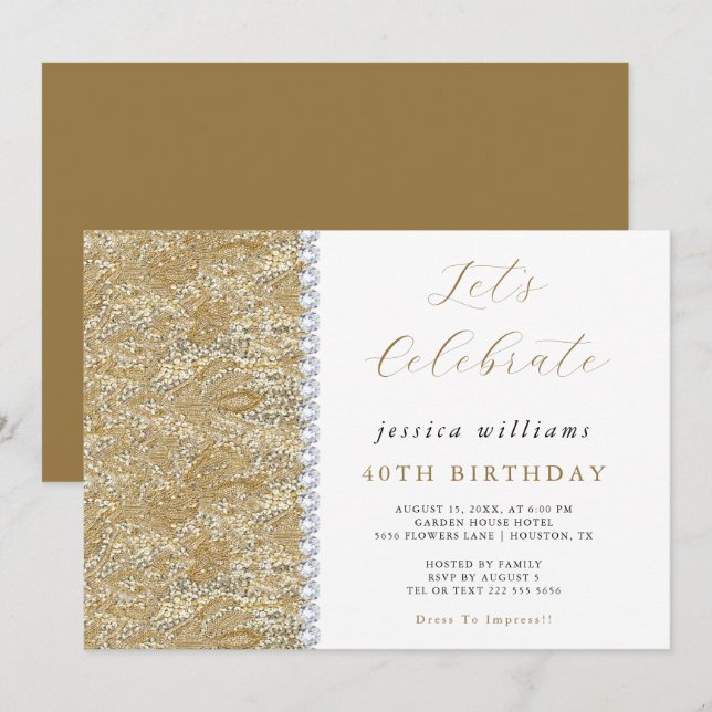 Invitation Posh Sequins & Diamonds Or Anniversaire (Devant / Derrière)