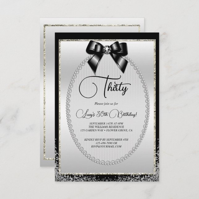 Invitation Posh Silver, Black Gem Bow & Parties scintillant A (Devant / Derrière)