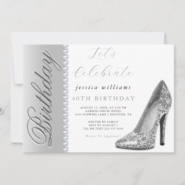 Invitation Posh Stiletto & Diamonds Argent Anniversaire (Devant)