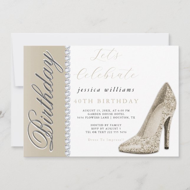 Invitation Posh Stiletto & Diamonds Champagne Anniversaire (Devant)