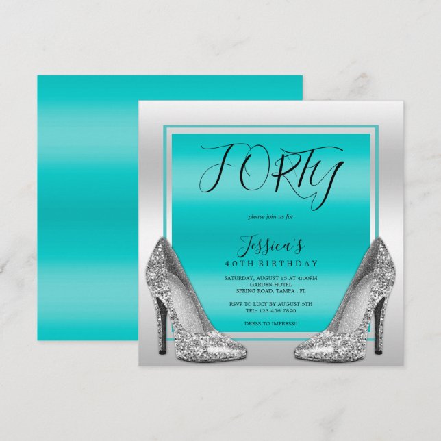 Invitation Posh Turquoise & Silver Stilettos 40e anniversaire (Devant / Derrière)
