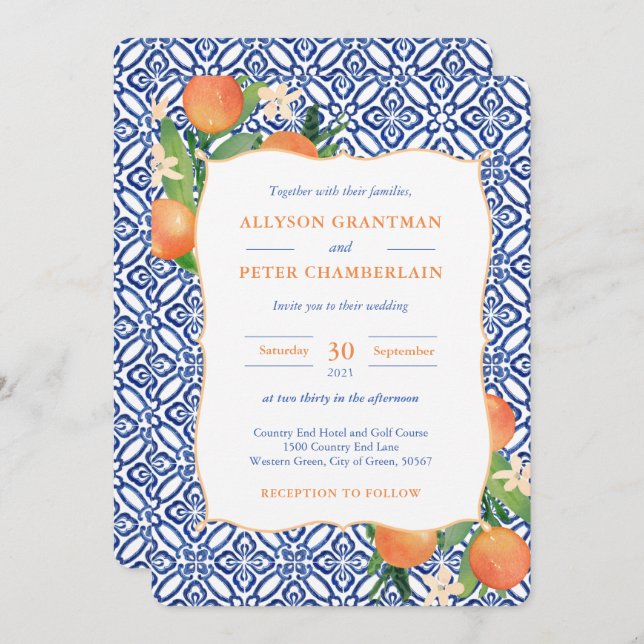 Invitation Positano Carreaux Bleus Oranges Citrus Mariage (Devant / Derrière)