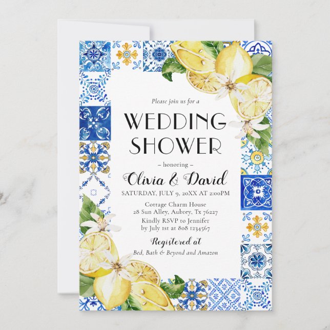 Invitation Positano Carrelage bleu Citron Wedding shower Invi (Devant)