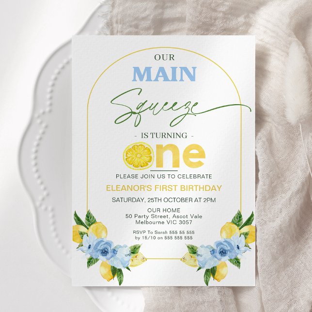 Invitation Positano Citron Bleu Notre Squeeze Principal 1er A (Main Squeeze 1st Birthday Invitation Blue Floral, Modern Arch Lemon 1st Birthday Invitation Girl,)