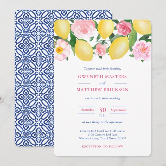 Invitation Positano Lemons rose Floral Mariage Carrelage bleu (Devant / Derrière)