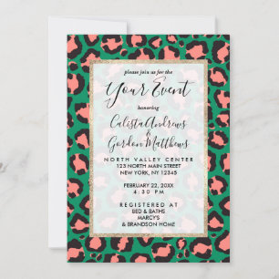 Invitation Poster de animal Léopard vert rose corail moderne