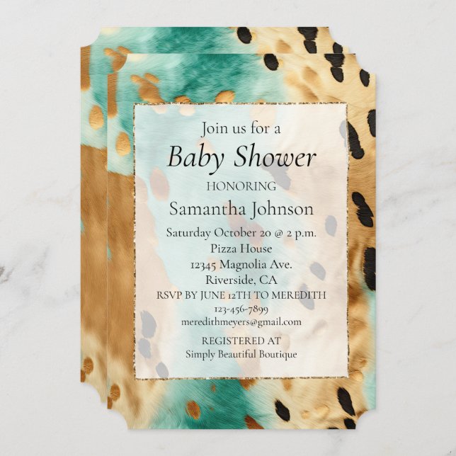 Invitation Poster de animal noir Turquoise or (Devant / Derrière)