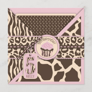 Invitation Poster de animal Safari rose et Cupcake 5e anniver