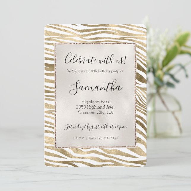 Invitation Poster de animal Zebra Gold Blanc   (Debout devant)