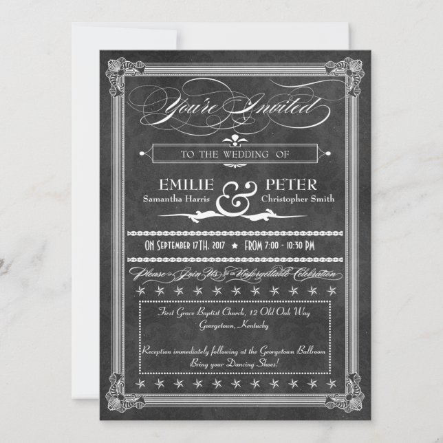 Invitation Poster en gris vintage Damask Style Mariage (Devant)