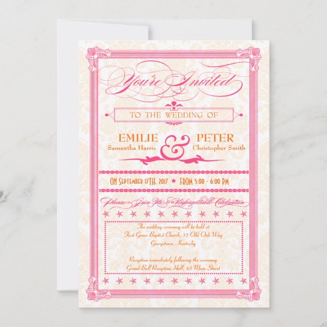 Invitation Poster en rose et orange Damask Mariage et Invitat (Devant)
