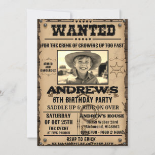 Invitation Poster Recherché Western Cowboy avec photo Anniver
