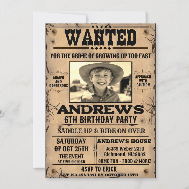 Invitation Poster Recherché Western Cowboy avec photo Anniver (Devant)