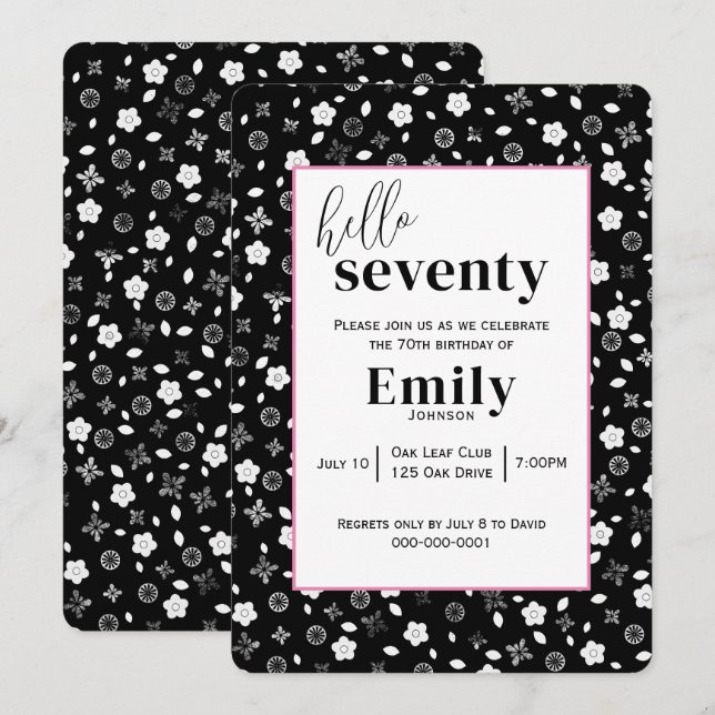 Invitation Posy noir et blanc pour 70e fête d'anniversaire (Devant / Derrière)