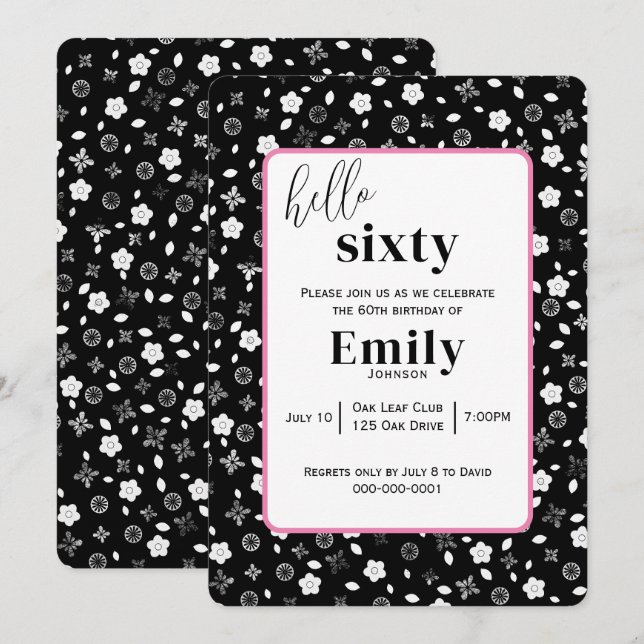 Invitation Posy noir et blanc pour la 60e fête d'anniversaire (Devant / Derrière)