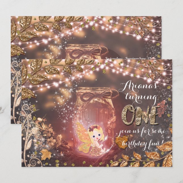 Invitation Pot de fée enchanté avec paillettes et feuilles d' (Devant / Derrière)